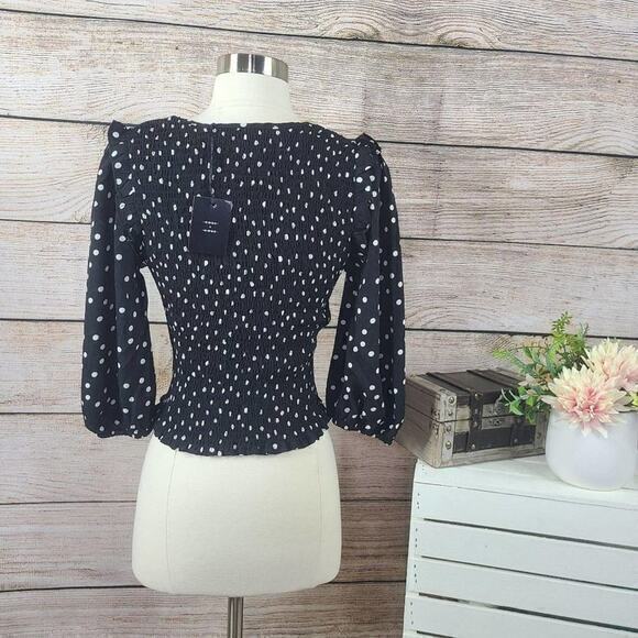 NWT Code x Mode Black White Polka Dots V Neck Smocked‎ Crop Top Size M - Picture 3 of 3